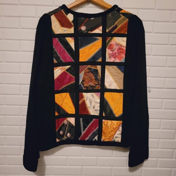 Crazy quilt cardigan sweater handmade art to wear oversized M Tobacco silks - Picture 2 of 10